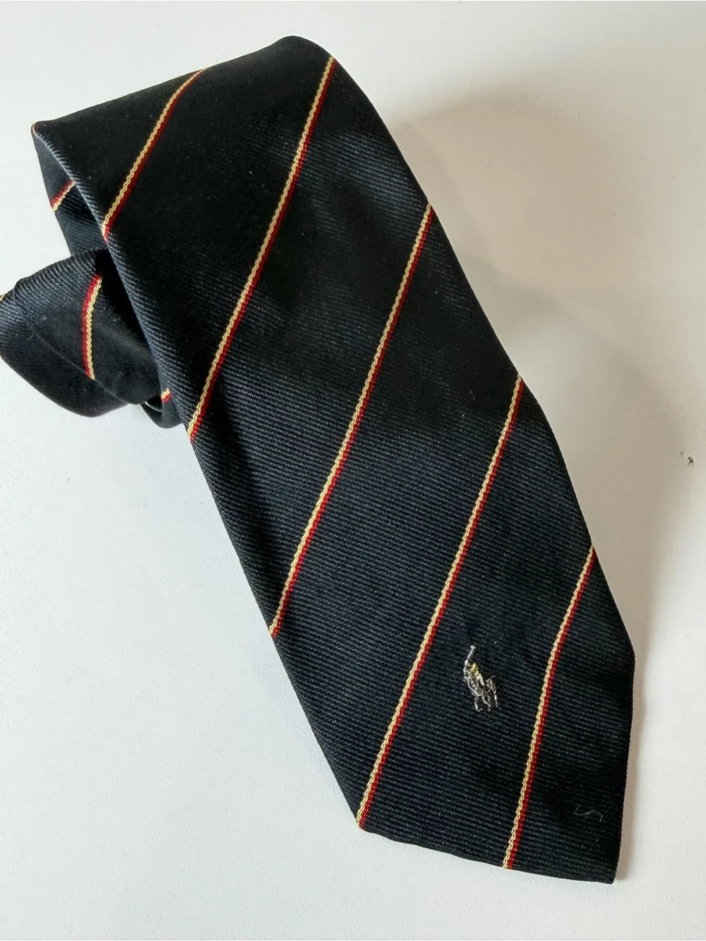 Polo Ralph Lauren Black Silk Tie with Red and Gold Embroidered Horse Logo Stripe